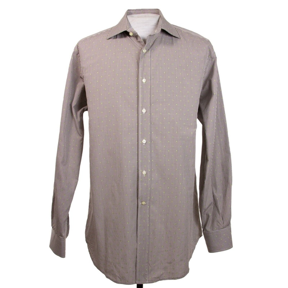 Etro Milano Mens‎ 42 16.5 Brown Check Geometric LS Button Front Shirt ITALY